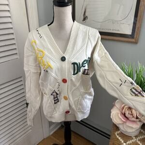 EBOSSY Womens Sweater Small Cream Cardigan Embroidered Retro Preppy Casual